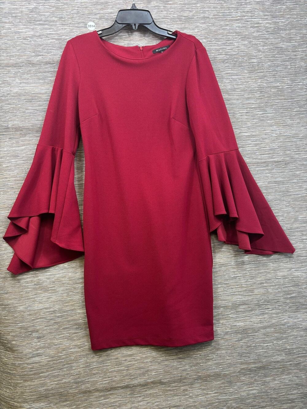 Marina Dress Womens 6 Red Ruffle Bell Sleeve Knit Shift Knee Length Cocktail